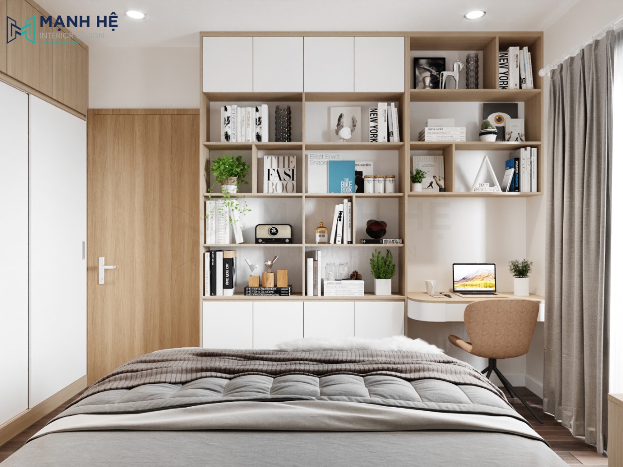 Tủ sách kết hợp bàn làm việc được thiết kế vừa vặn với không gian