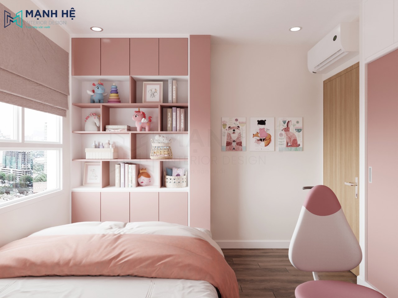 Tủ sách kết hợp để đồ trang trí tích hợp vào giường bục