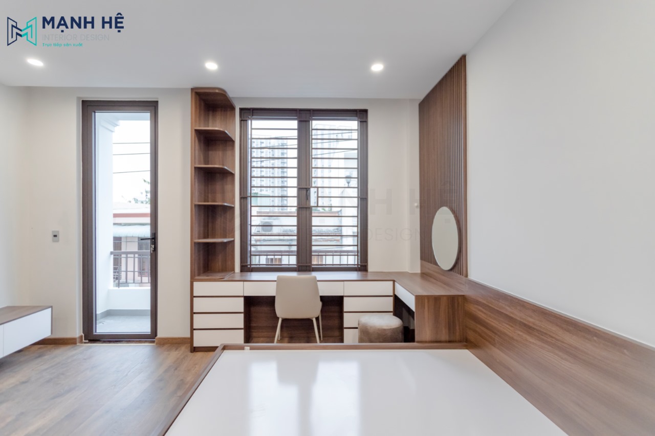 Thi công bàn trang điểm kết hợp bàn làm việc chữ L bo góc