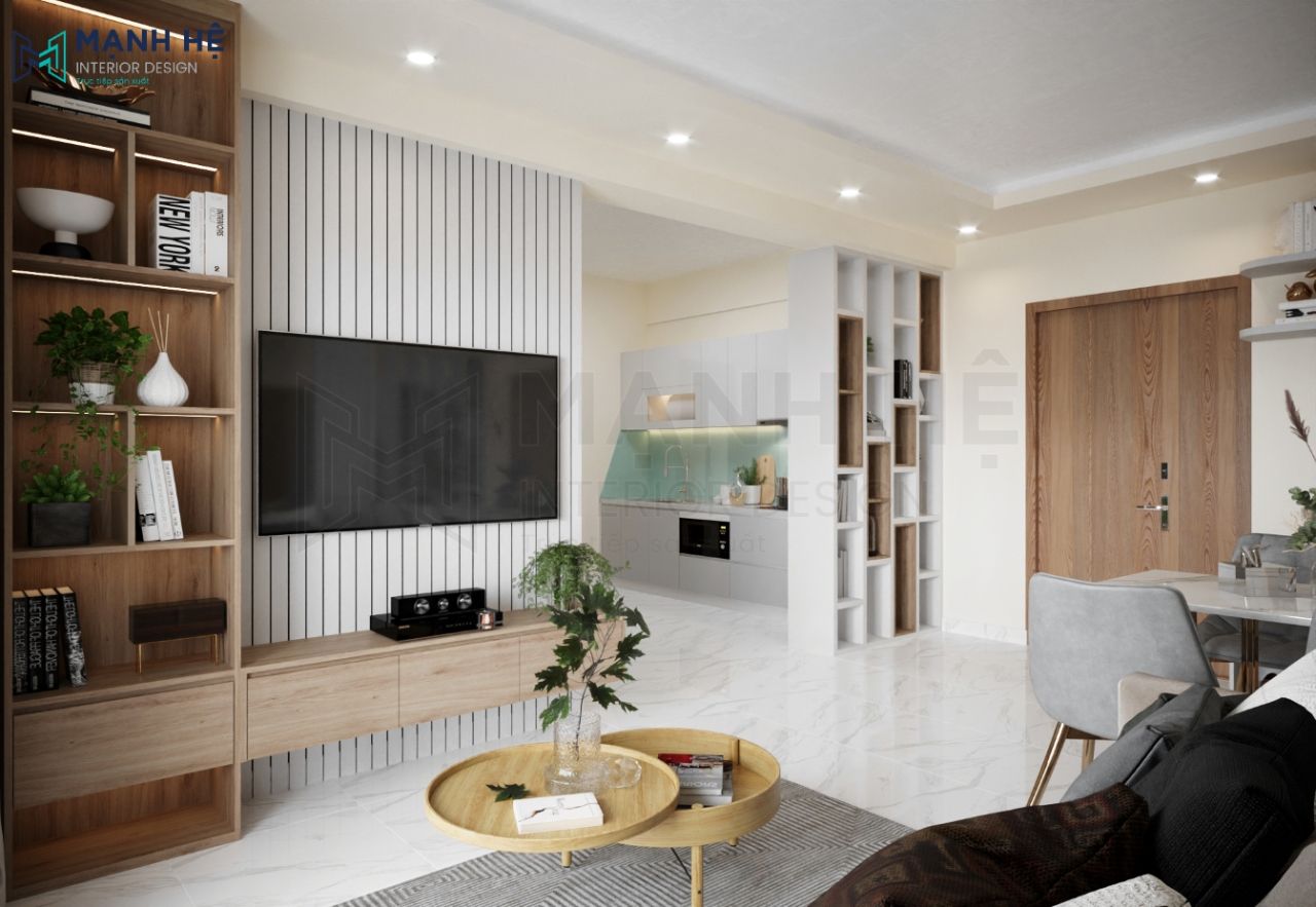 Thiết kế hệ tủ tivi kết hợp tủ trang trí bằng gỗ công nghiệp hiện đại