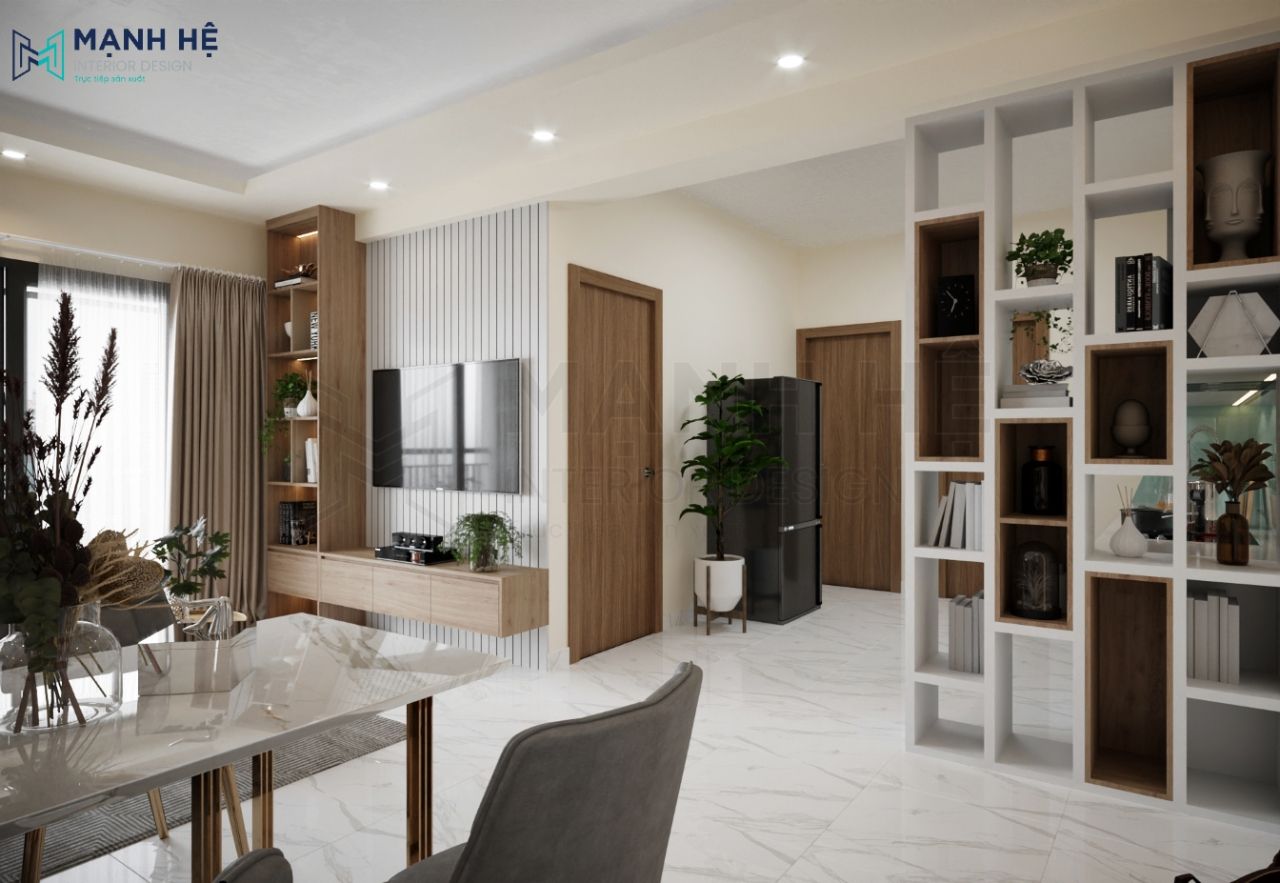 Tổng quan không gian phòng khách liền bếp của căn hộ chung cư