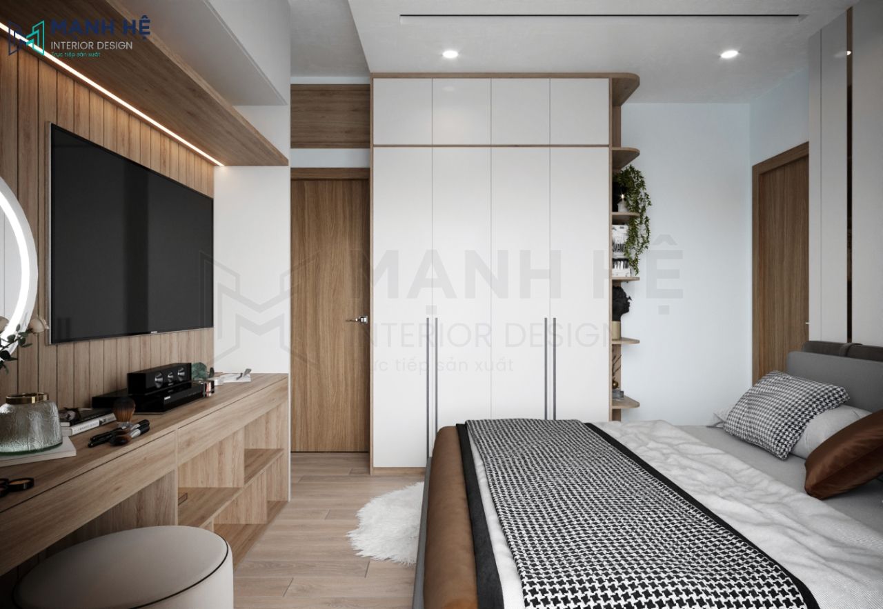Bố trí hệ tủ quần áo cao đụng trần có ngăn kệ trang trí phía ngoài tinh tế