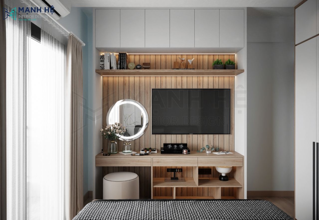 Hệ tủ tivi kết hợp bàn trang điểm được thiết kế âm tường gọn gàng và hiện đại