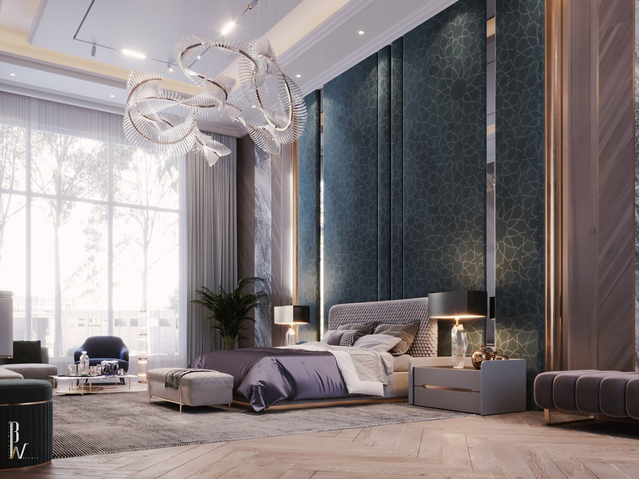 Mảng tường đầu giường được trang trí nổi bật tạo điểm nhấn cho không gian phòng ngủ 50m2