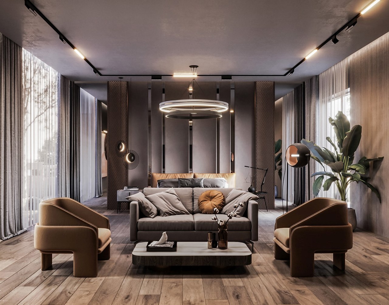 Thiết kế phòng ngủ 50m2 kết hợp phòng khách đẹp ấn tượng