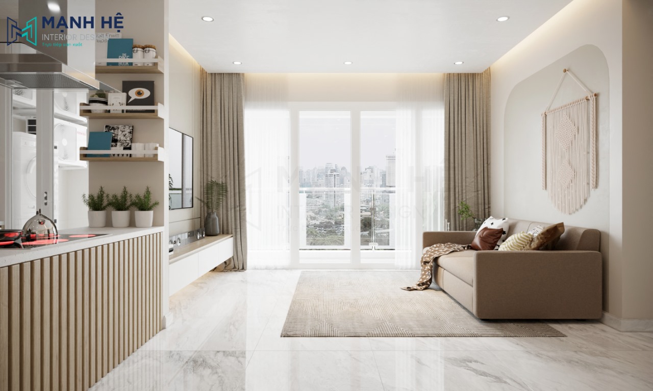 Tổng quan không gian phòng khách căn hộ chung cư đẹp rộng rãi