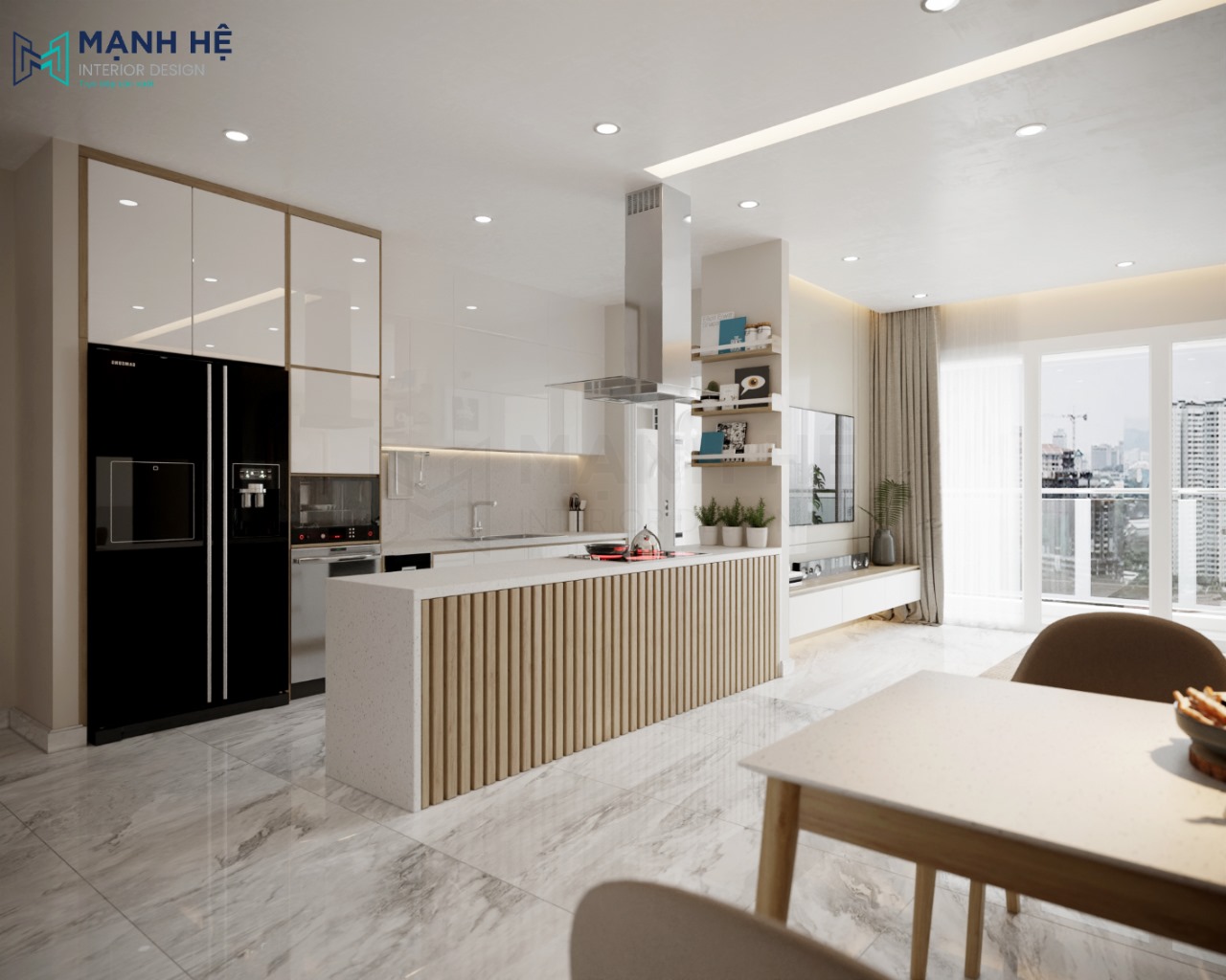Thiết kế nội thất phòng khách liền bếp chung cư đẹp