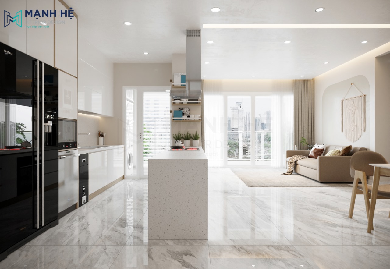 Nội thất phòng bếp với gam màu trắng đặc trưng tinh tế và sang trọng