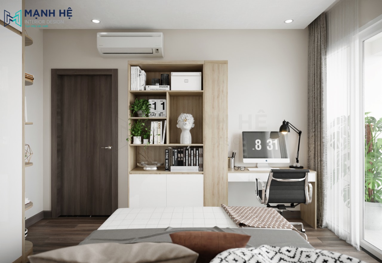 Bàn làm việc đặt cạnh tủ sách đều được làm từ chất liệu gỗ công nghiệp đẹp hiện đại