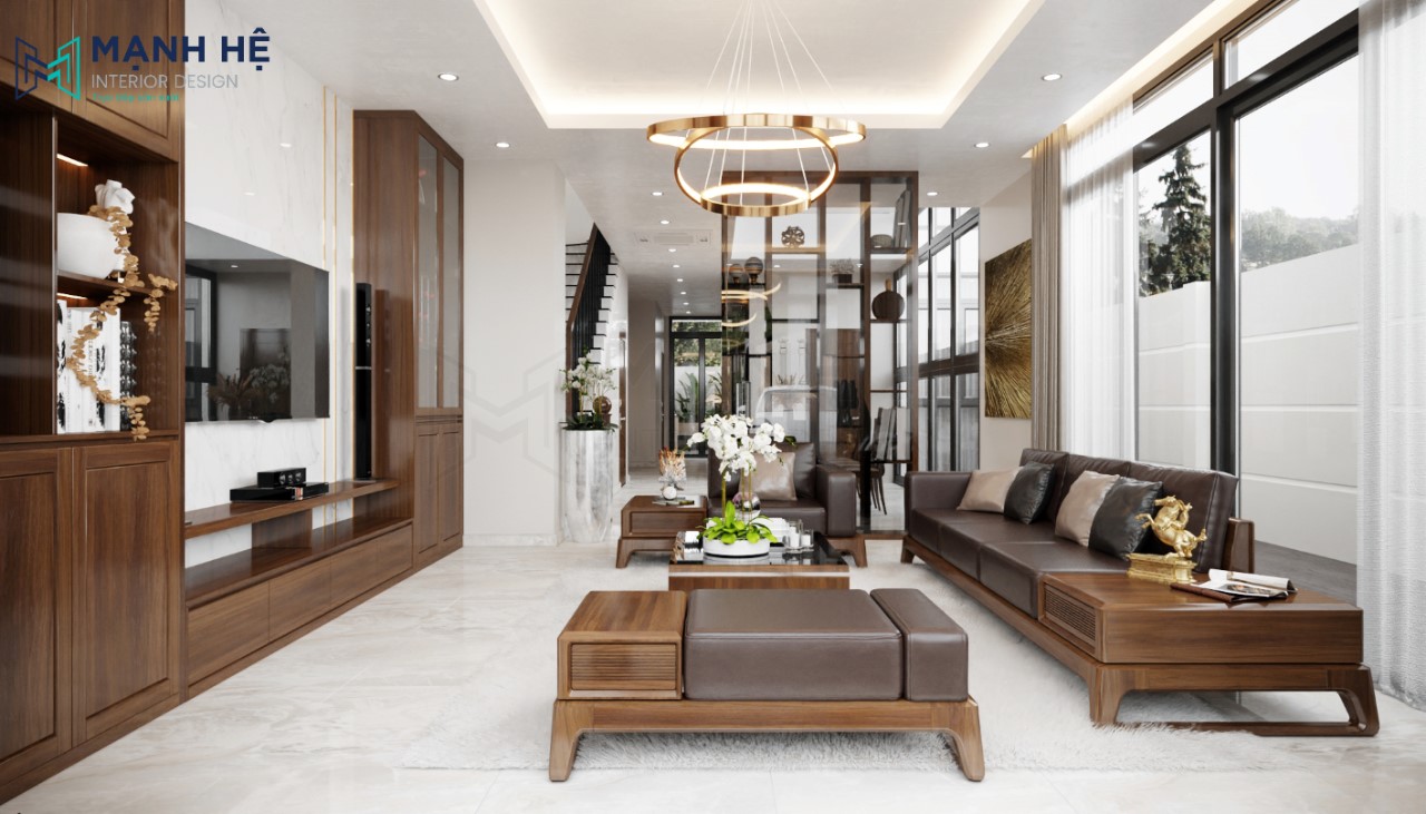Bộ bàn ghế sofa và kệ tủ tivi được làm từ chất liệu gỗ