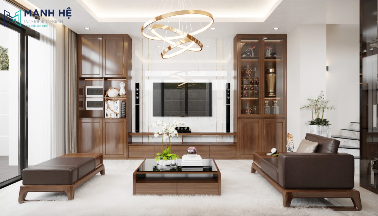 Kệ tivi và tủ rượu sang trọng trên nền gạch ốp gỗ giả đá