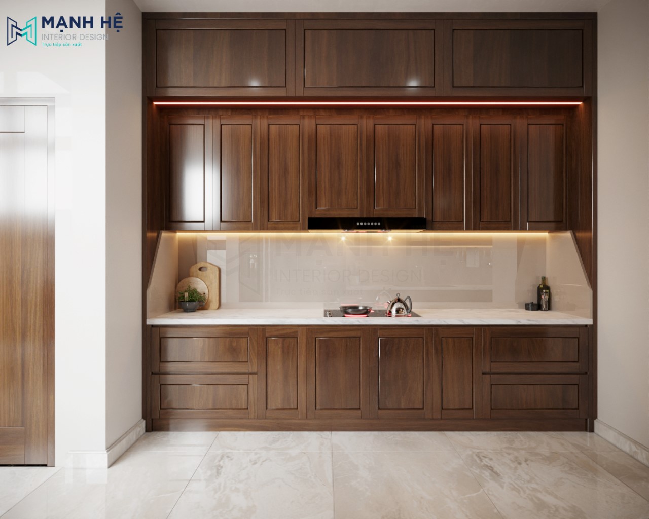 Tủ bếp gỗ còn lại được thiết kế âm tường dành riêng cho khu vực nấu nướng