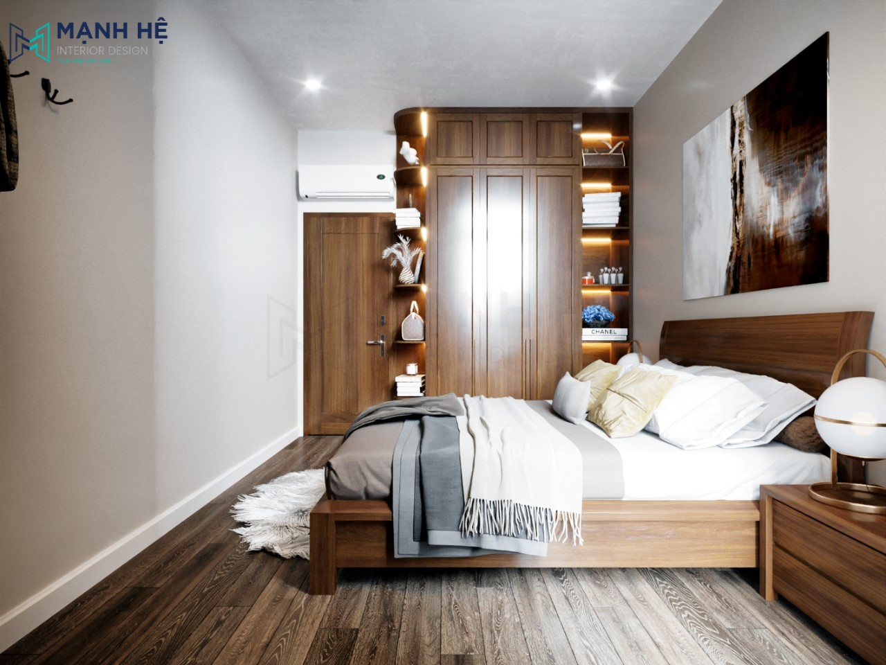 Thiết kế hệ tủ quần áo cao đụng trần với nhiều ngăn kệ trang trí