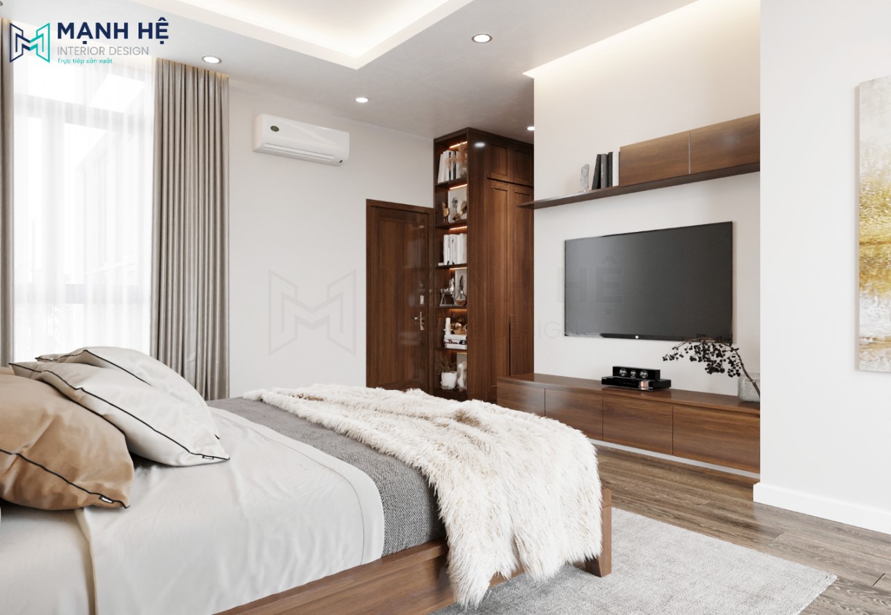 Tủ tivi và kệ sách được thiết kế treo tường giúp tiết kiệm diện tích