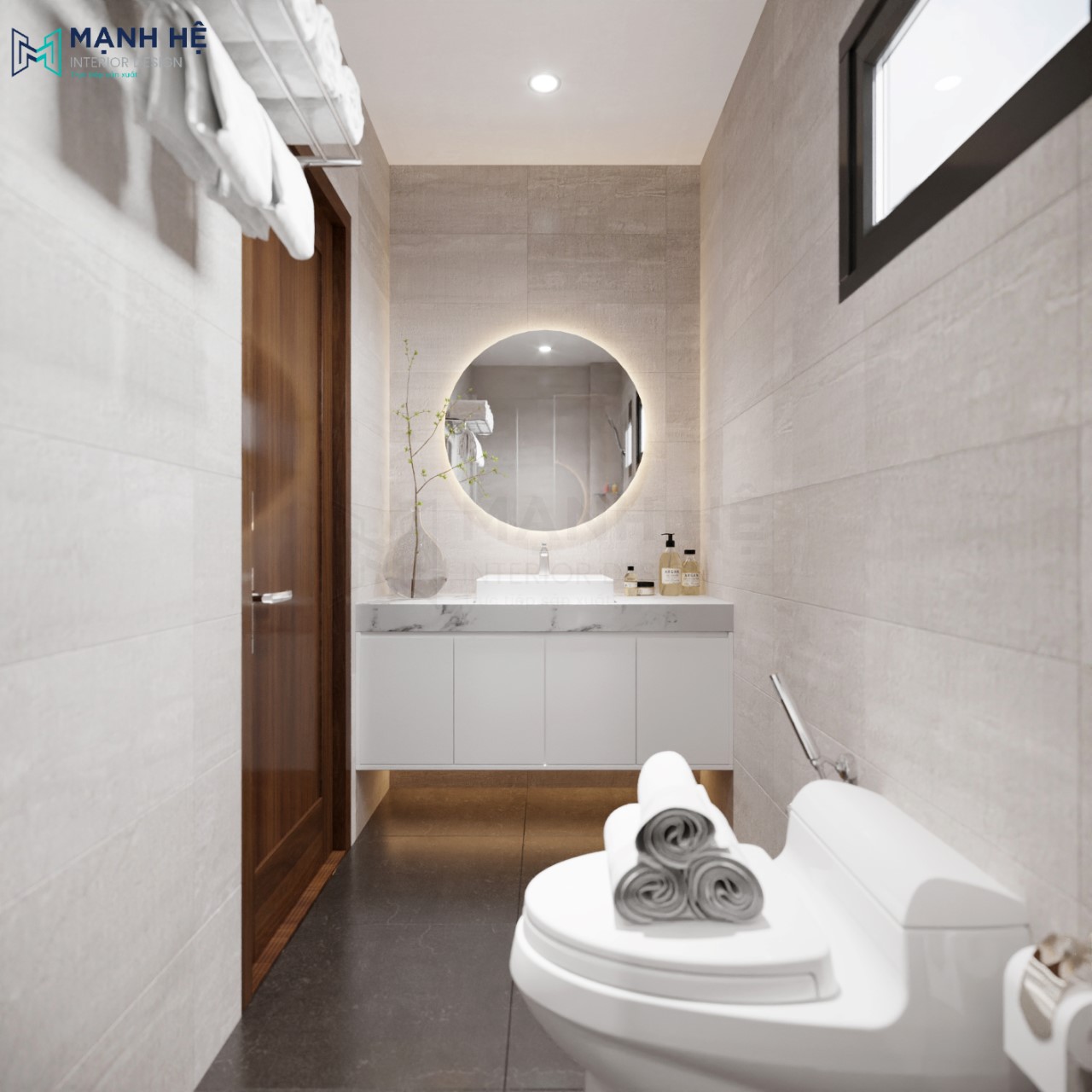 Nhà vệ sinh nhỏ màu trắng tạo cảm giác sạch sẽ, gọn gàng