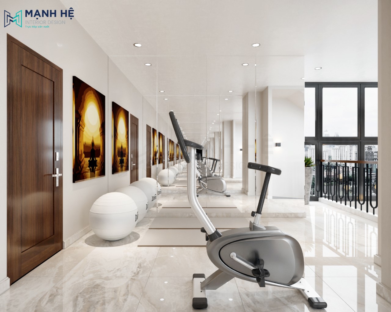 Bố trí gương soi ốp tường thuận tiện cho việc tập thể dục hằng ngày