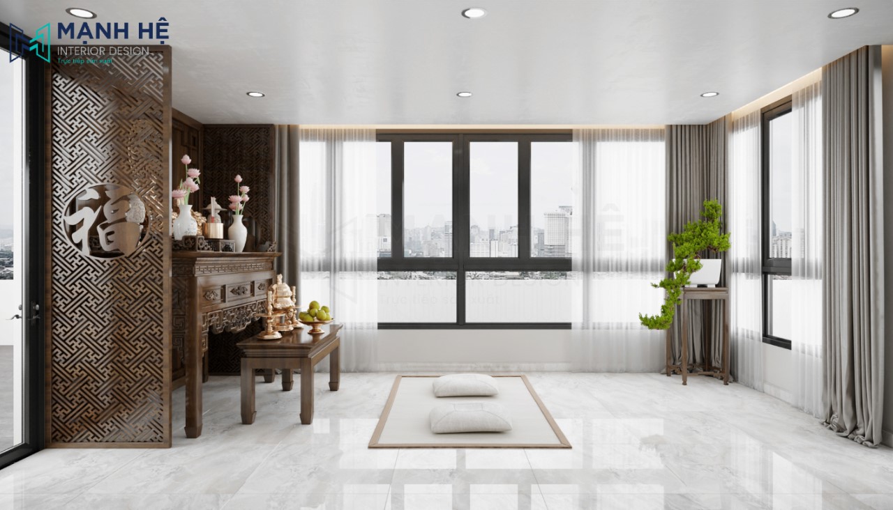 Tổng quan không gian phòng thờ trang nghiêm được làm từ gỗ tự nhiên