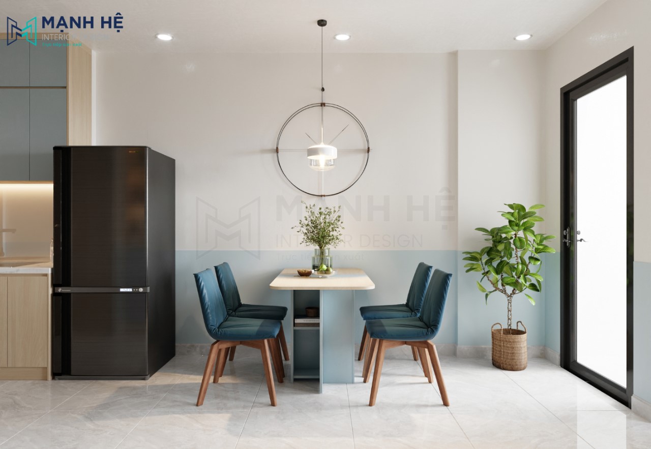 Bố trí bộ bàn ăn nhỏ đơn giản với 4 ghế màu xanh dương