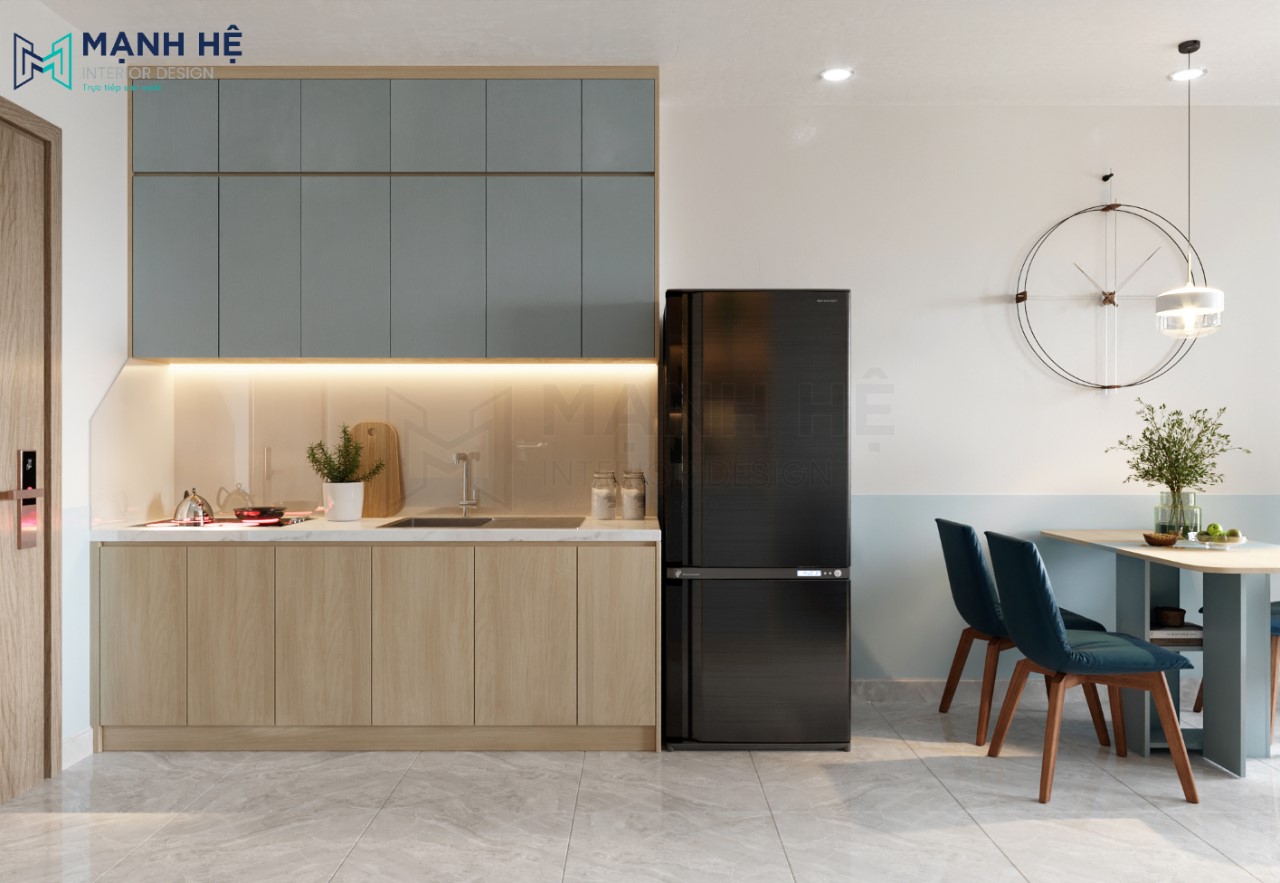 Thiết kế tủ bếp gỗ công nghiệp với kiểu dáng chữ I nhỏ tiện nghi