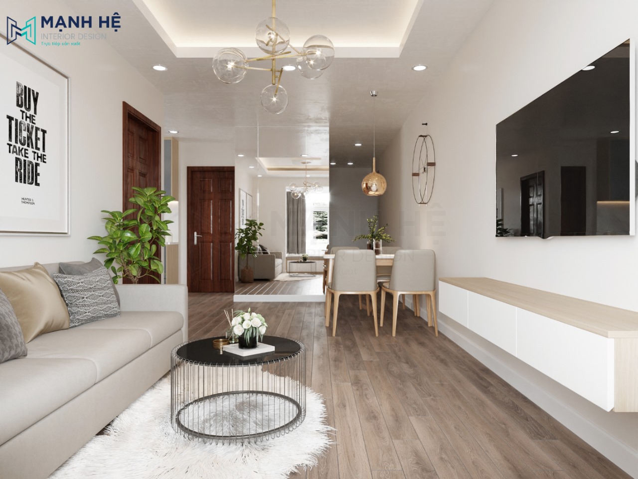 Thiết kế nội thất phòng khách liền bếp đẹp hiện đại