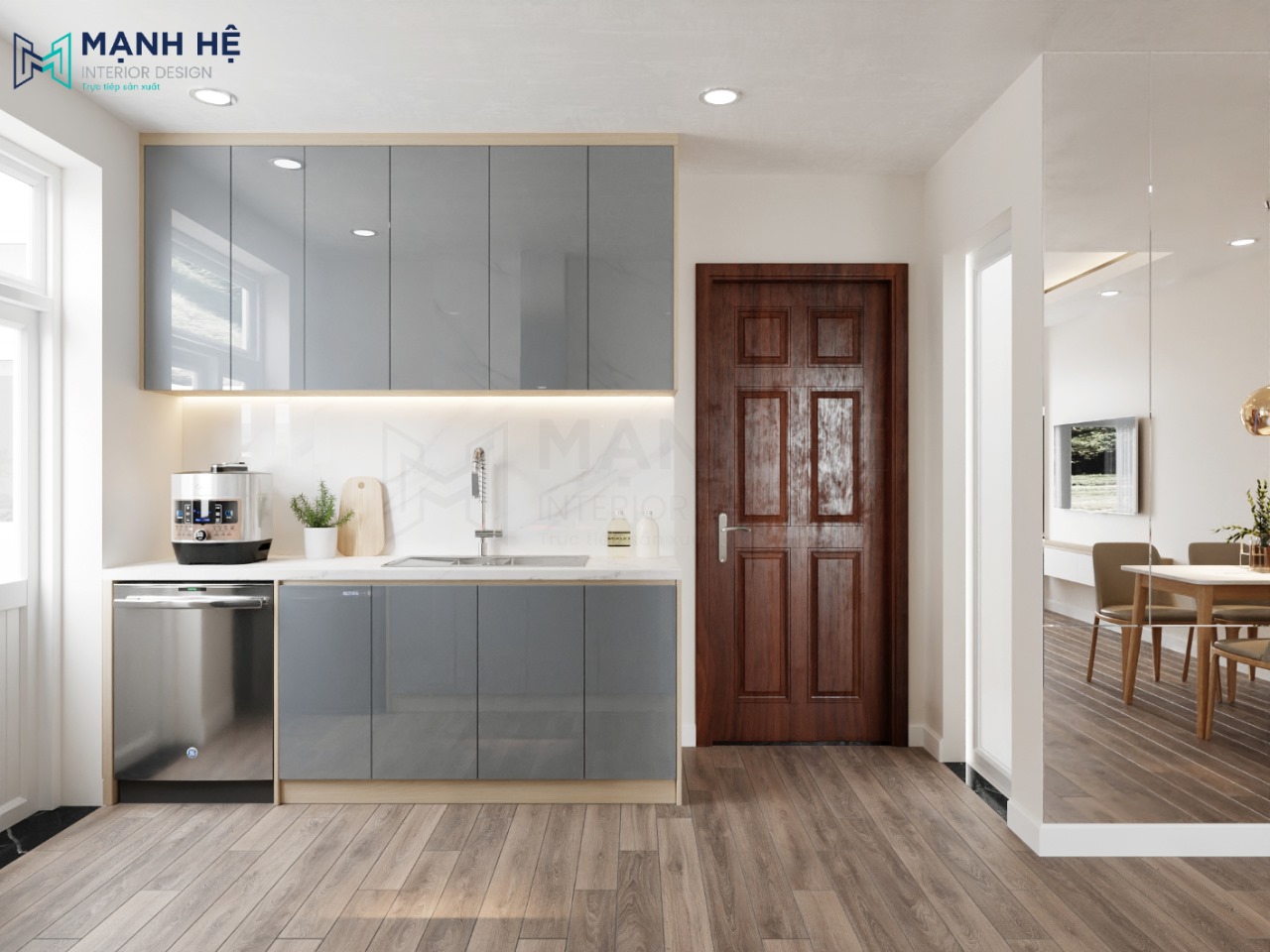 Tủ bếp chữ I nhỏ đơn giản với chất liệu gỗ công nghiệp acrylic