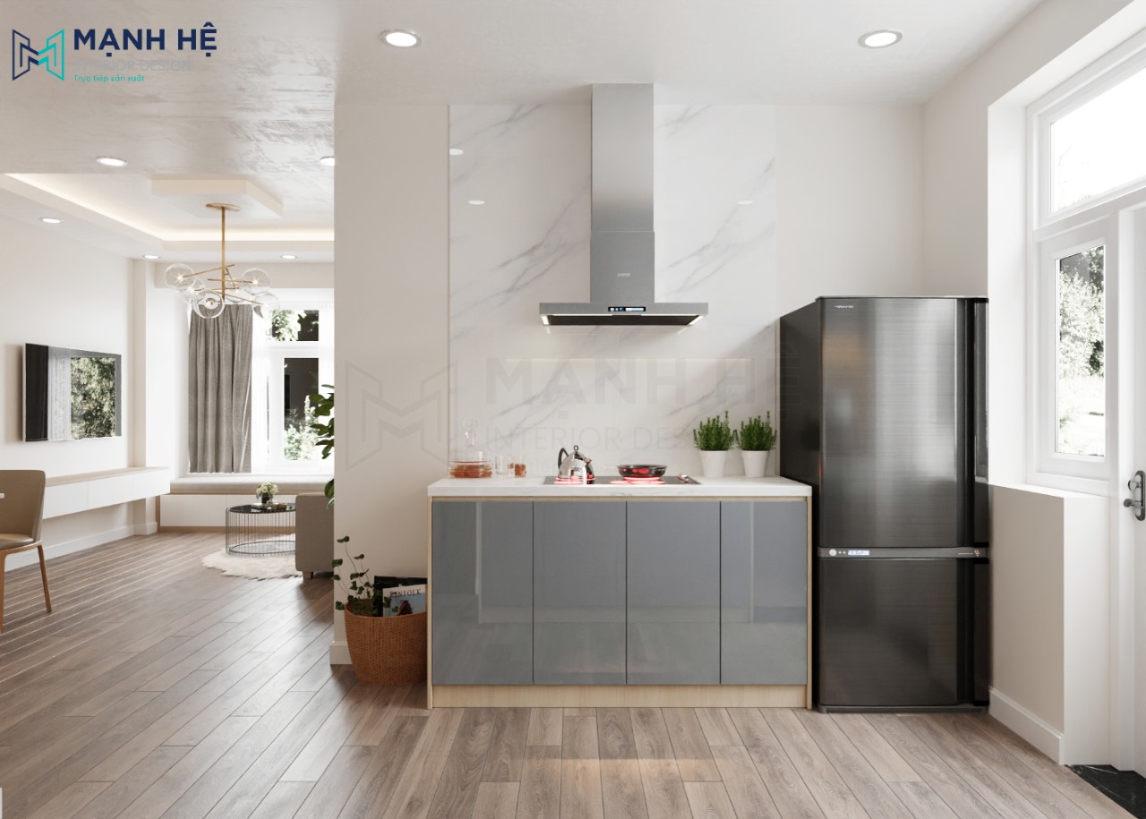 Tủ bếp dành để nấu nướng có bố trí máy hút mùii
