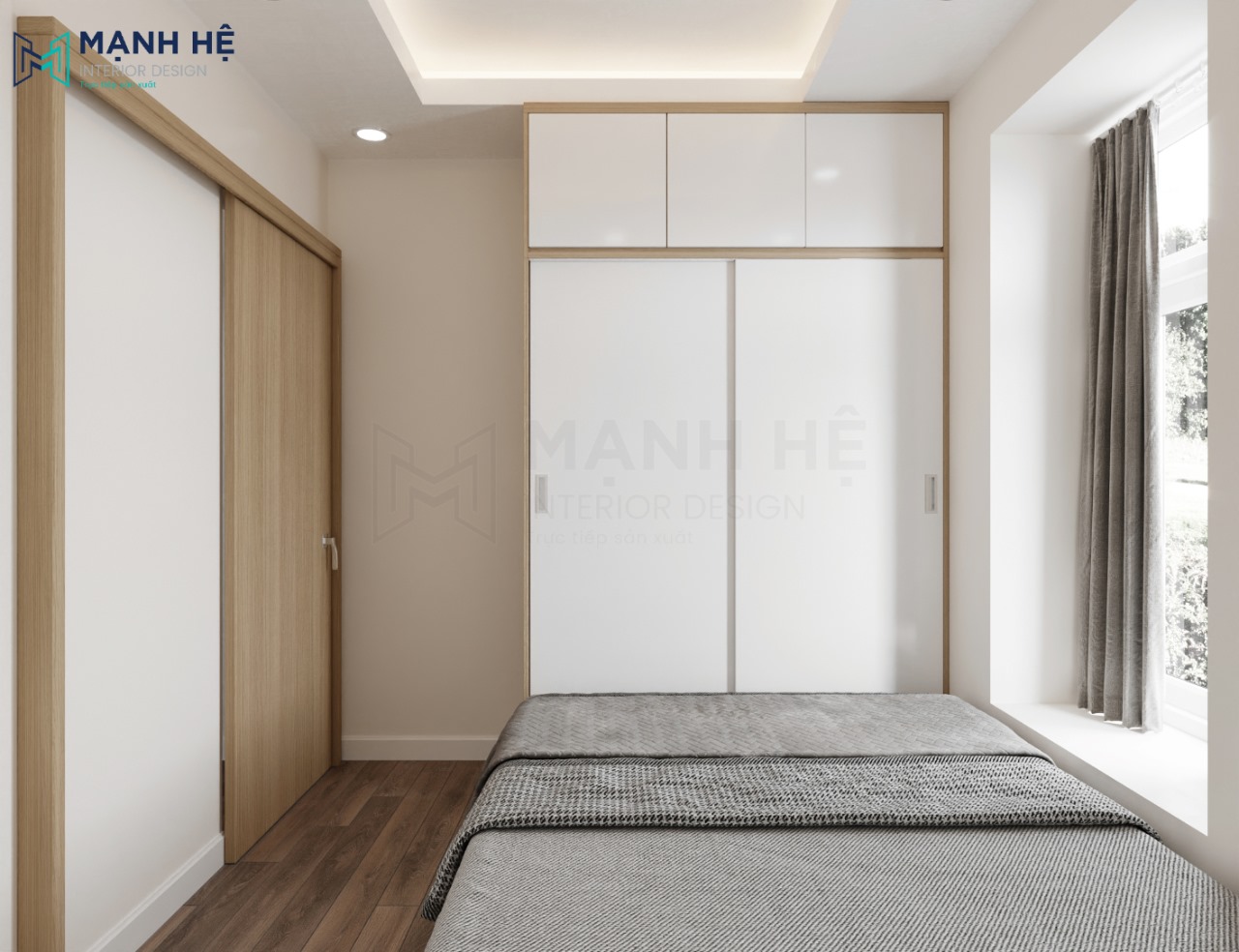 Tủ quần áo cao đụng trần đẹp tinh tế với hệ cửa lùa giúp tiết kiệm diện tích