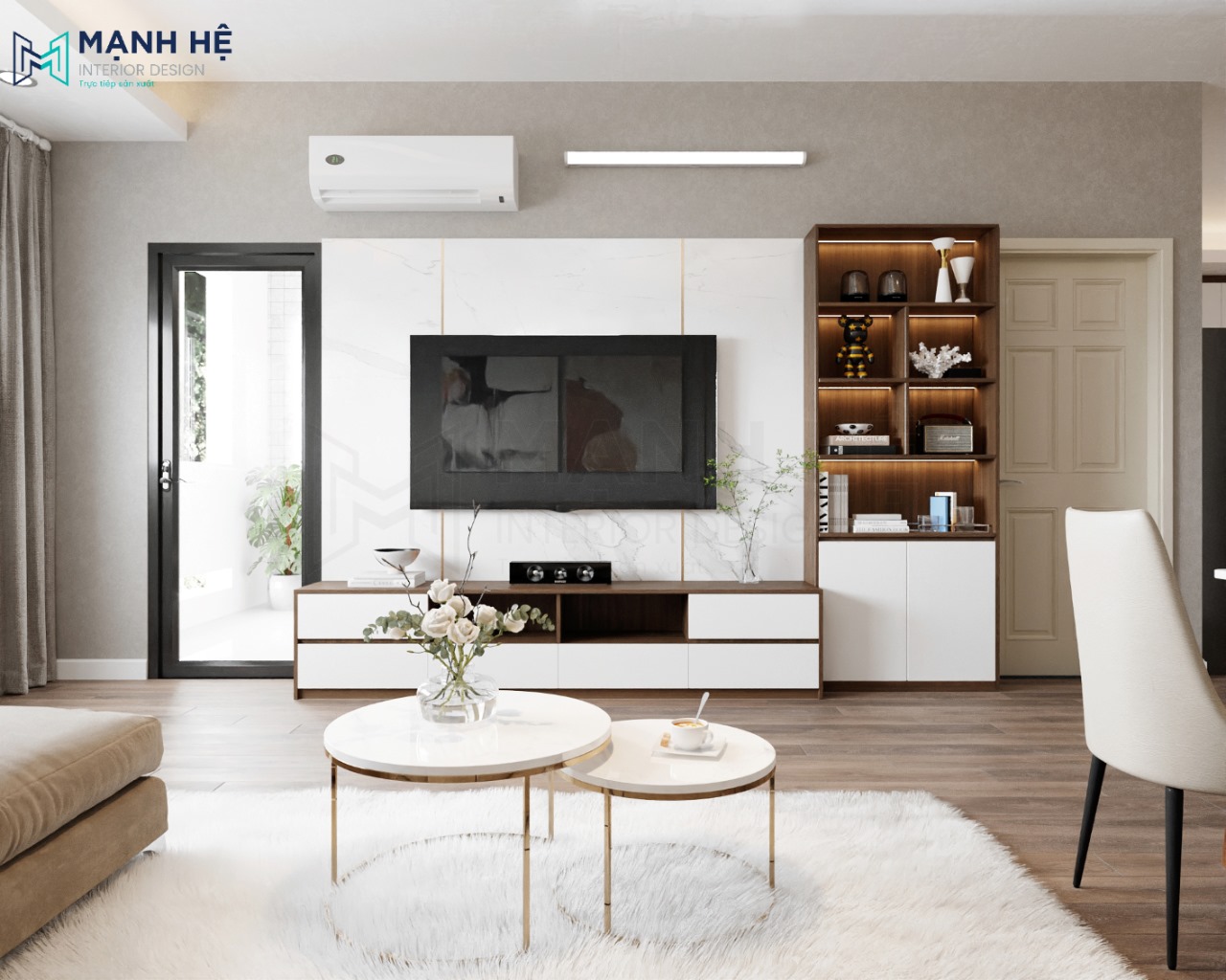 Bố trí kệ tủ tivi và kệ trang trí làm bằng chất liệu gỗ công nghiệp