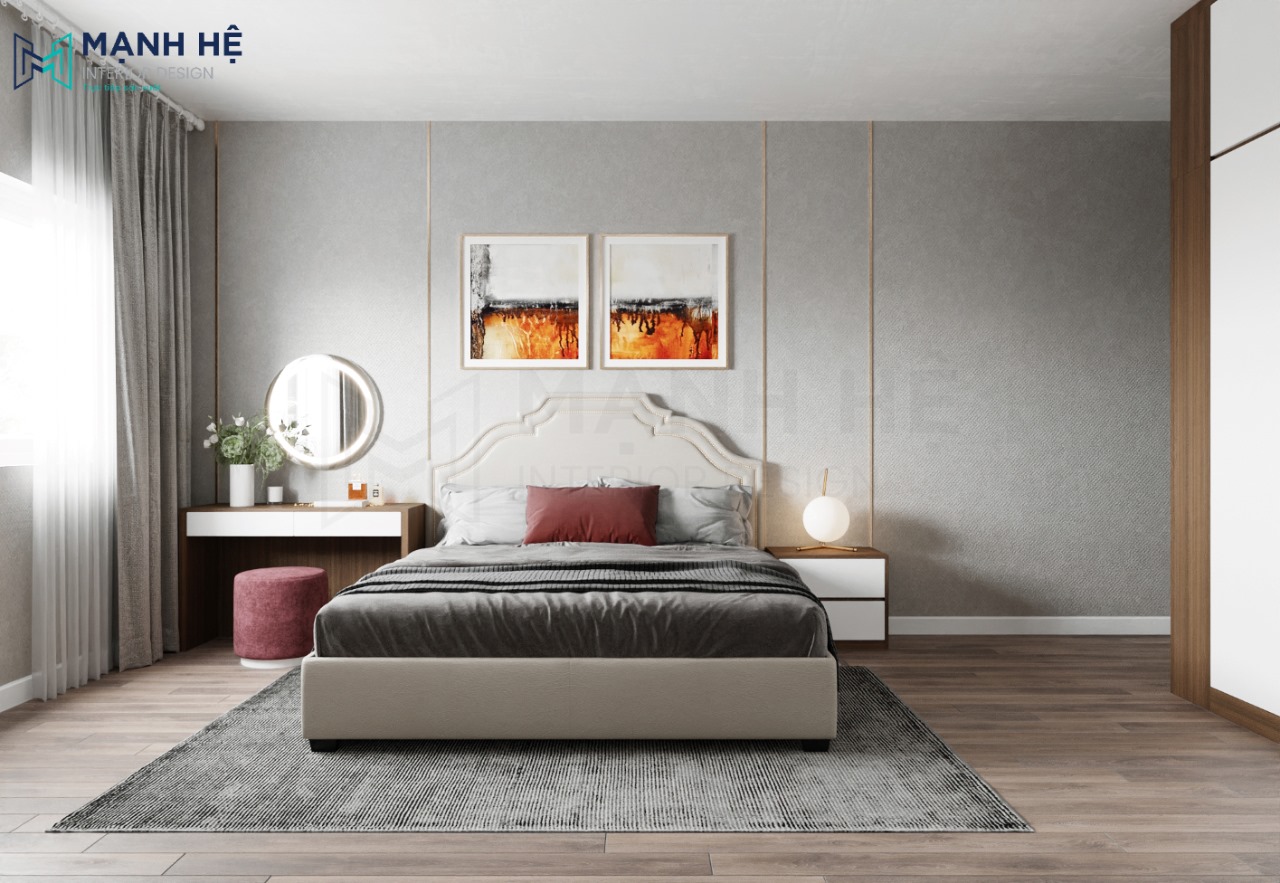 Thiết kế nội thất phòng ngủ master đẹp với giấy dán tường giả xi măng đẹp hiện đại