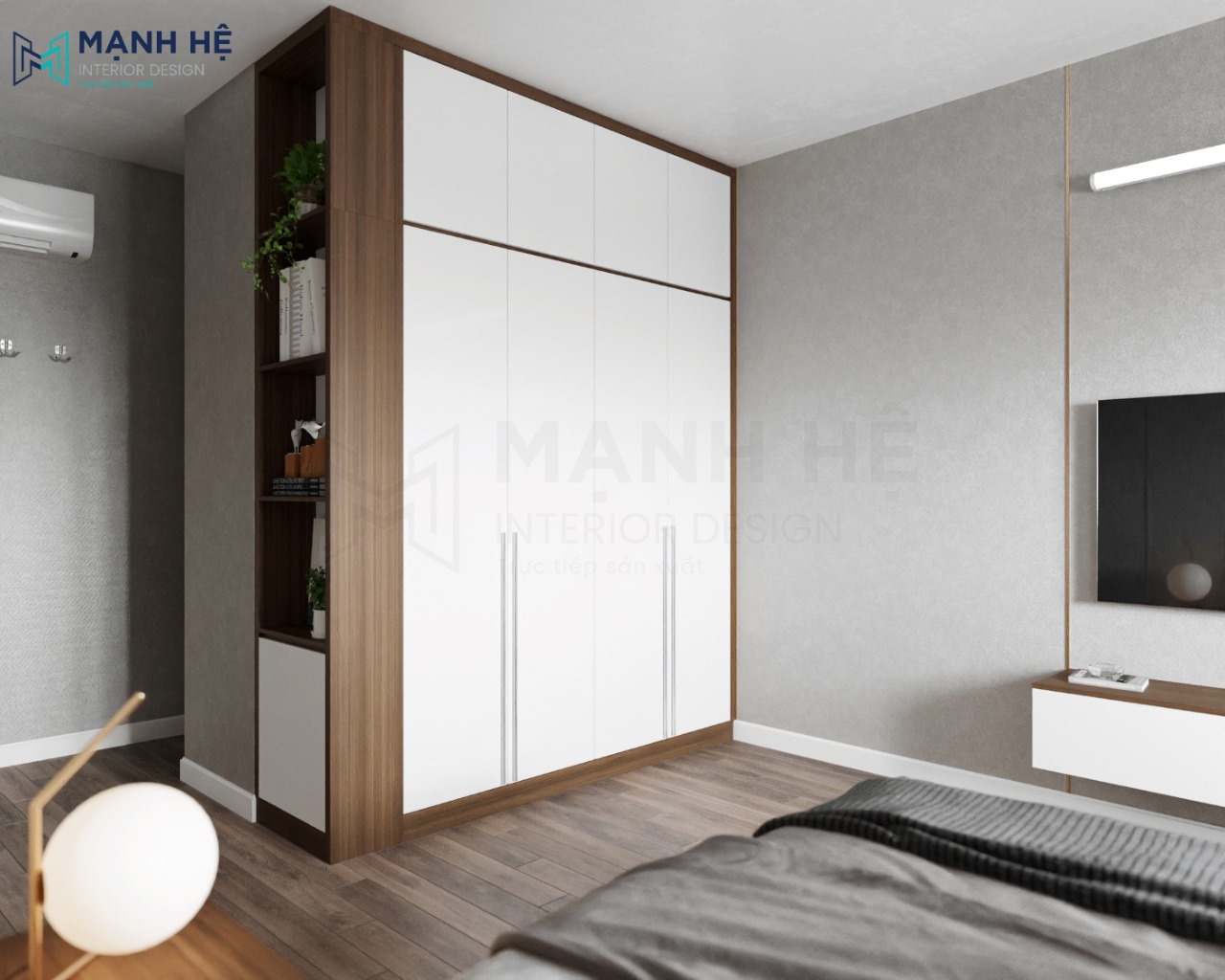 Bố trí tủ quần áo cao đụng trần với 4 cánh mở rộng rãi, thoải mái chứa đồ