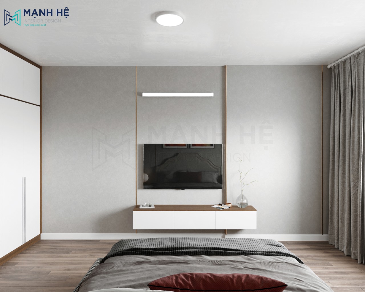 Tủ tivi thiết kế treo tường giúp tiết kiệm diện tích không gian cho căn phòng ngủ