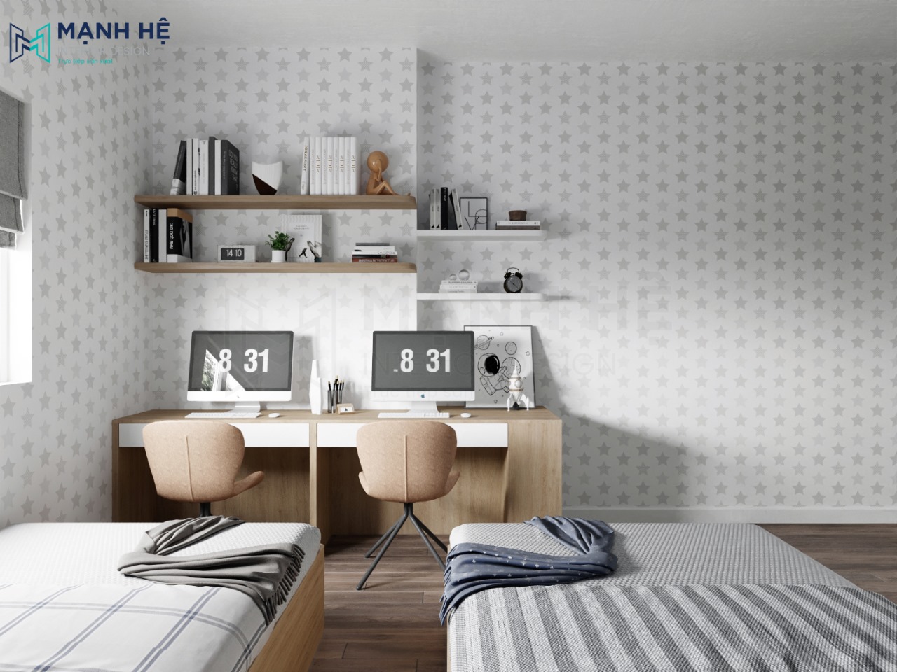 Bàn học đôi dành cho 2 người có kệ treo tường tiện nghi