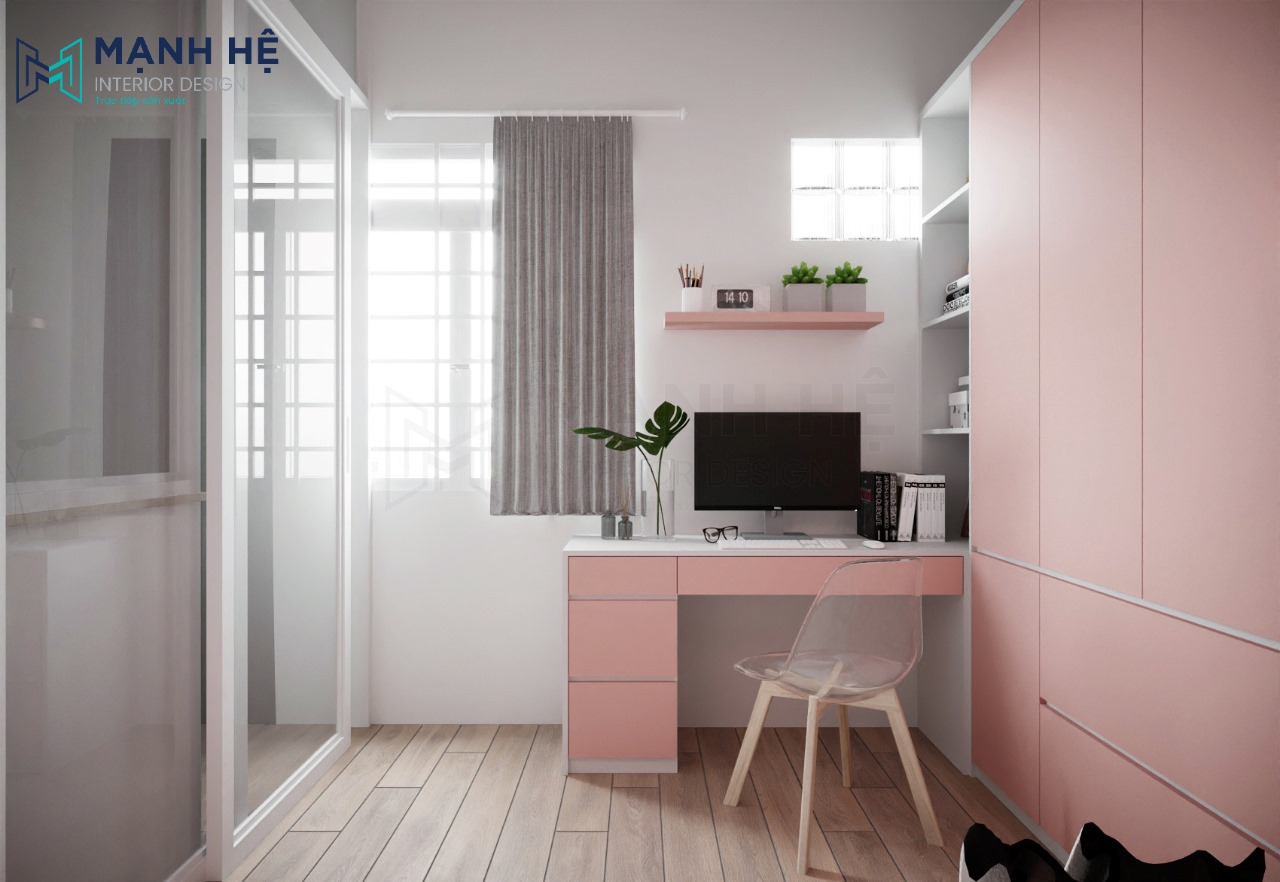Bố trí tủ quần áo kết hợp bàn làm việc màu hồng tiện nghi