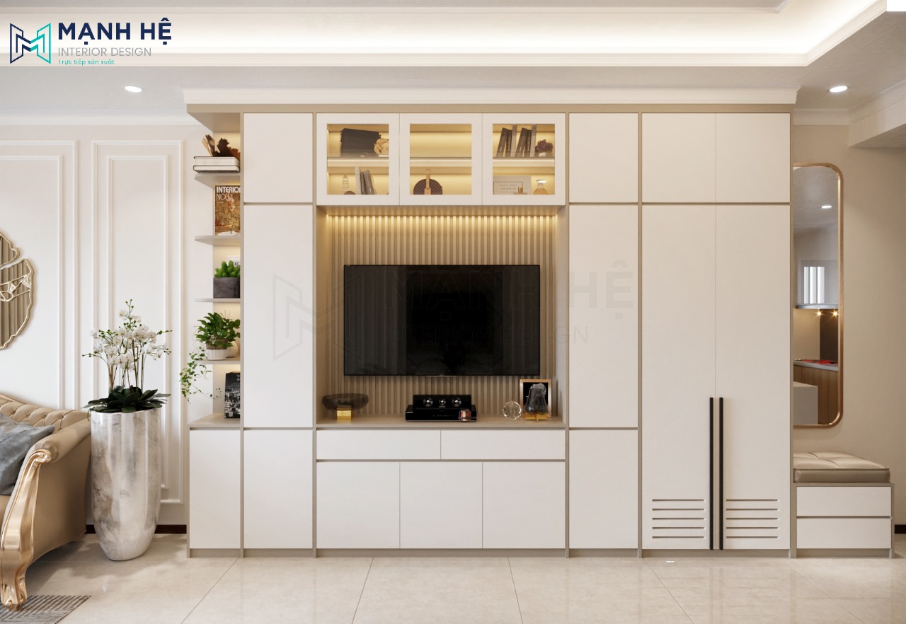Thiết kế nguyên hệ tủ tivi kết hợp tủ trang trí và tủ giày đẹp tiện nghi