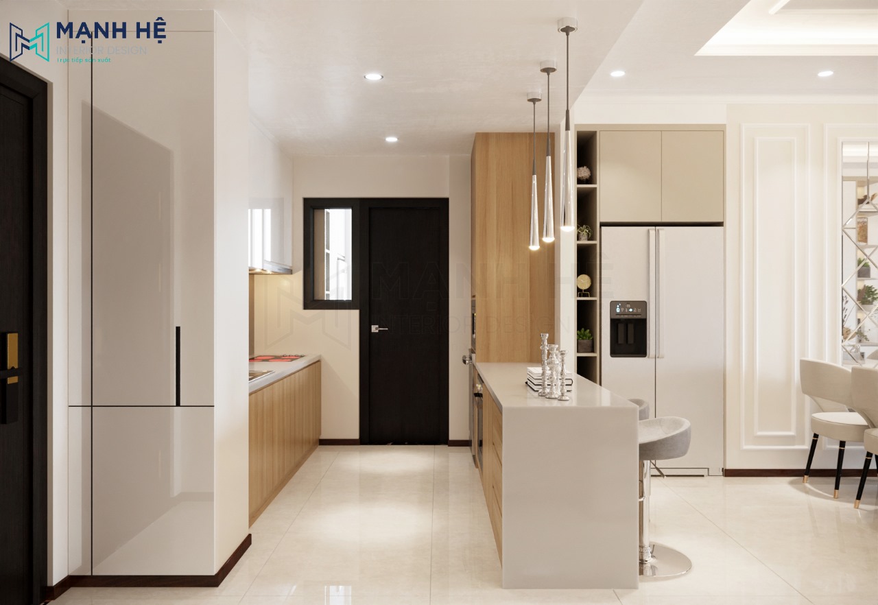Phòng bếp được làm bằng chất liệu gỗ công nghiệp phủ acrylic bóng gương sang trọng