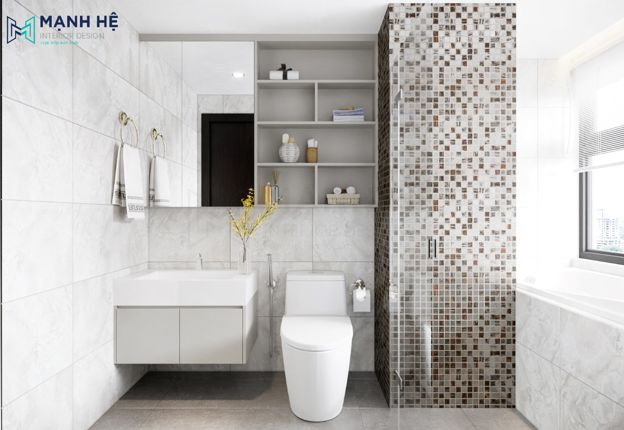 Nhà vệ sinh được gốp gạch đá toàn bộ hiện đại, sạch sẽ