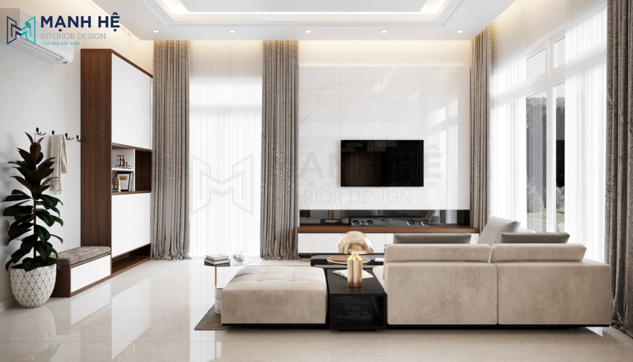 Sử dụng vách ốp gỗ acrylic bóng gương sang trọng phía sau tivi tạo điểm nhấn