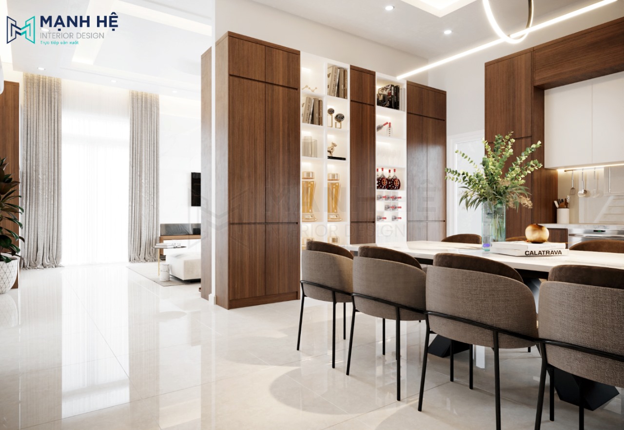 Thiết kế hệ tủ rượu sang trọng đặt sát tường với kiểu dáng và màu sắc đồng bộ với không gian