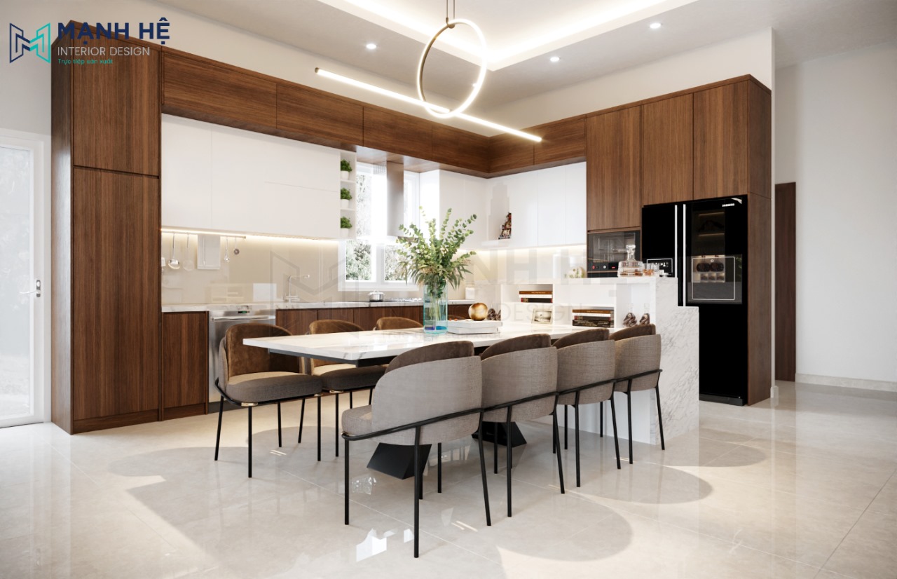Bàn đảo bếp kết hợp bàn ăn 8 ghế đặt giữa không gian phòng bếp