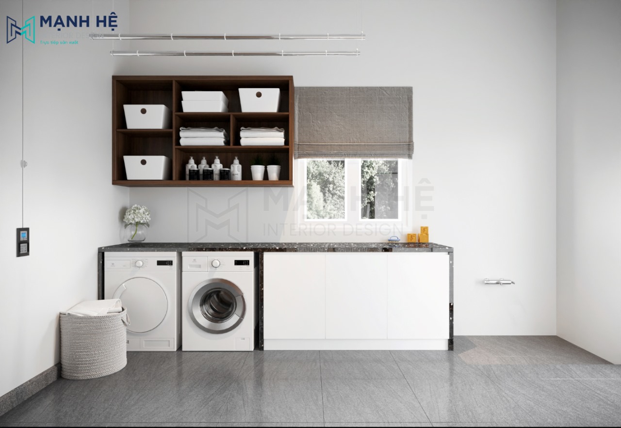 Bố trí hệ tủ mặt đá có ngăn chứa tủ giặt và tủ sấy
