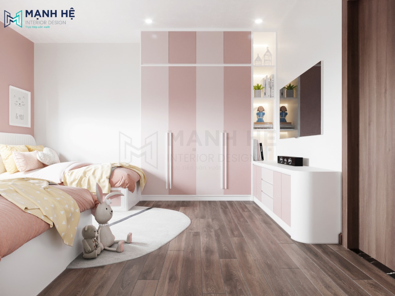 Bố trí tủ quần áo cao đụng trần cũng với gam màu hồng đồng bộ với không gian