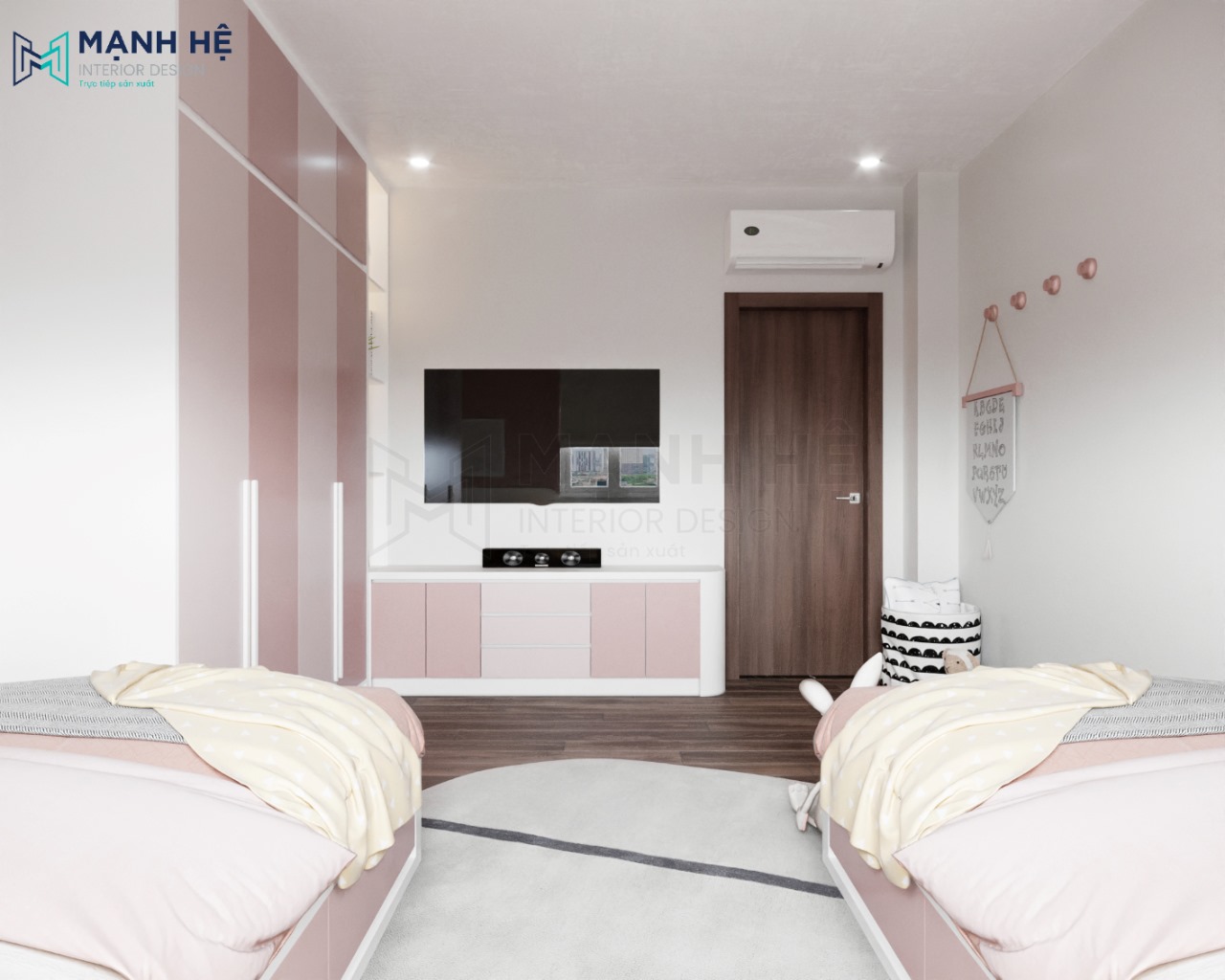 Hệ tủ tivi gỗ công nghiệp sơn màu hồng xinh xắn