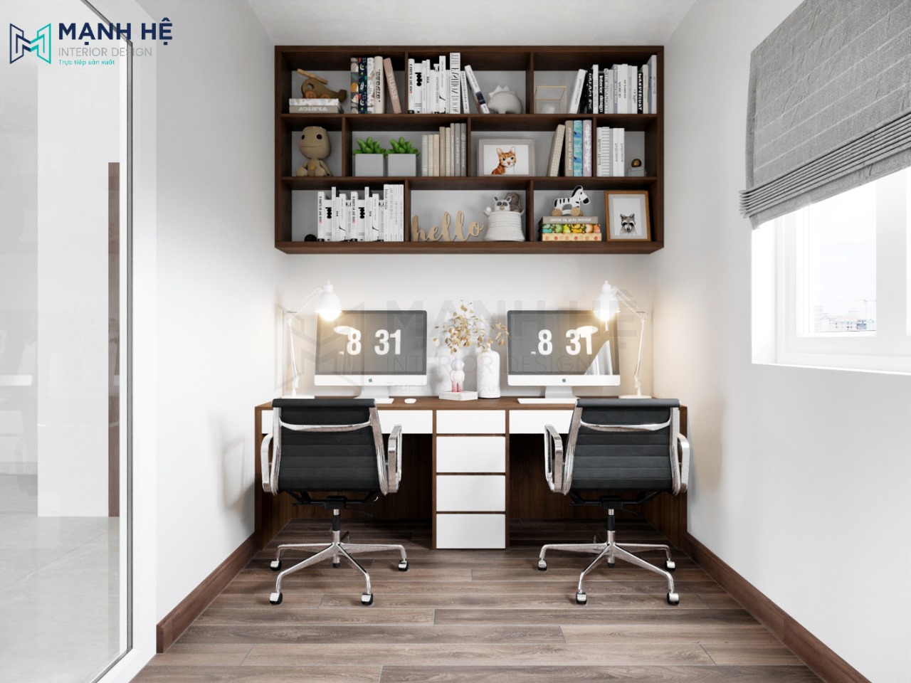 Thiết kế nội thất phòng học cho 2 bé với bàn đôi và tủ kệ sách cao đụng trần