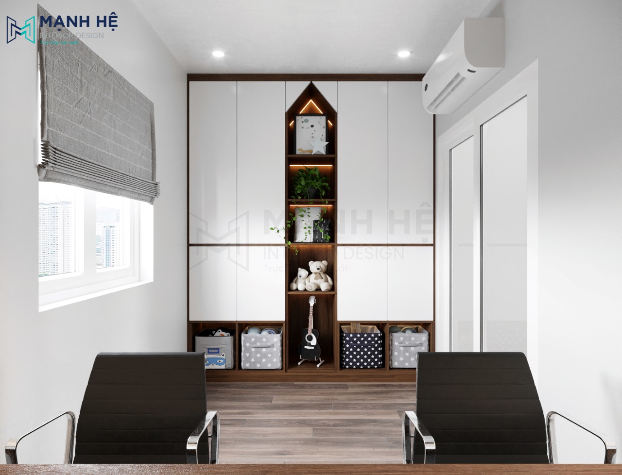 Hệ tủ đựng đồ cho 2 bé được thiết kế âm tường với nhiều ngăn hộc