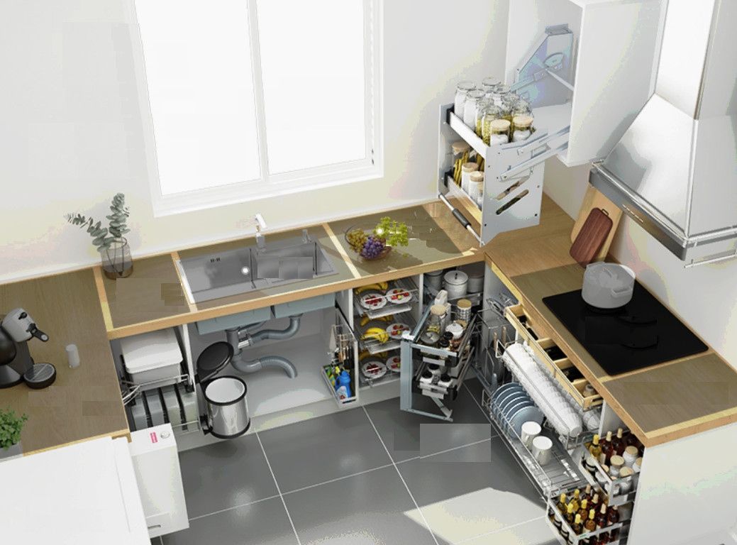 Tủ kho được bố trí trong gian bếp chữ U rất gọn gàng