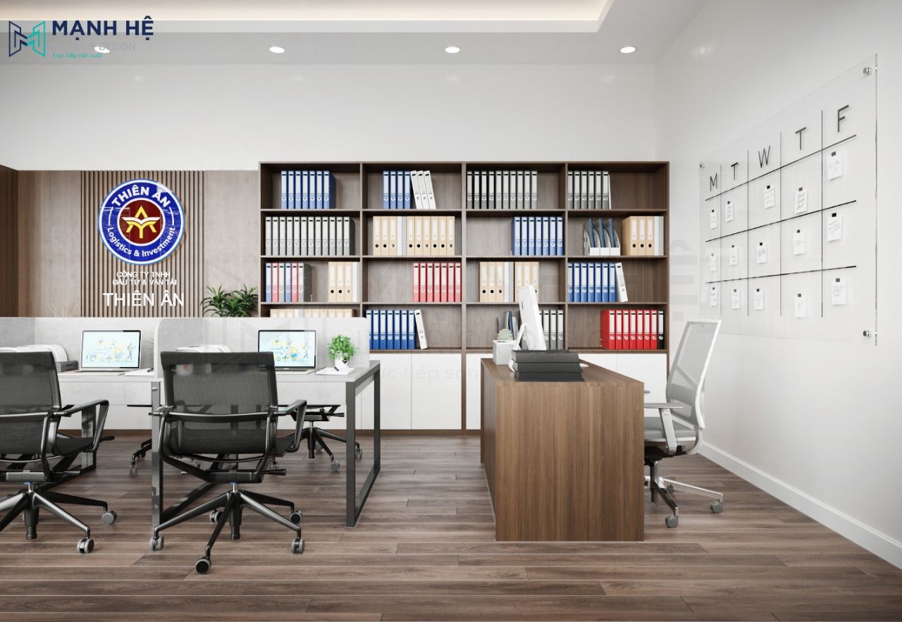 Bàn làm việc của giám đốc sẽ đặt ngay giữa văn phòng với chất liệu từ gỗ công nghiệp phủ melamine sang trọng