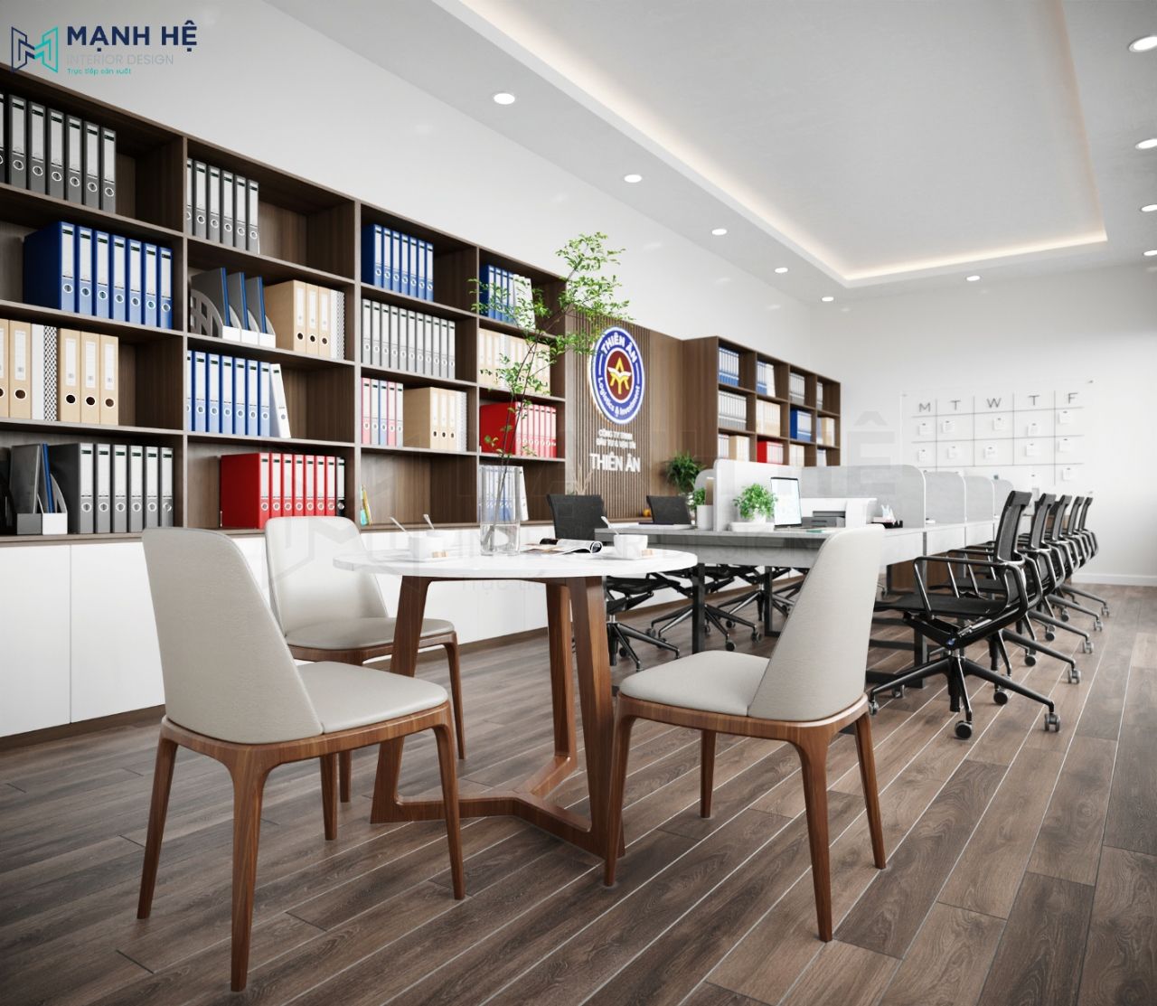 Bàn tiếp khách được bố trí ở cuối văn phòng cạnh khu vực làm việc của nhân viên