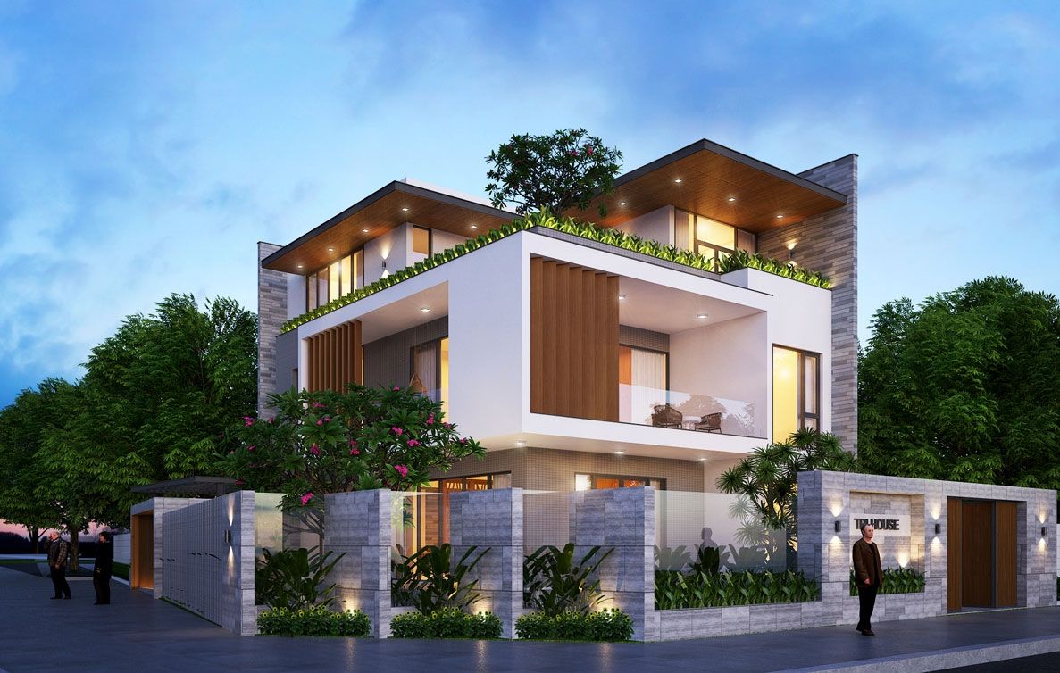 Không gian nhà 2 mặt tiền 1 lầu với điểm nhấn đến từ màu gỗ công nghiệp hòa vào nền trắng tao nhã