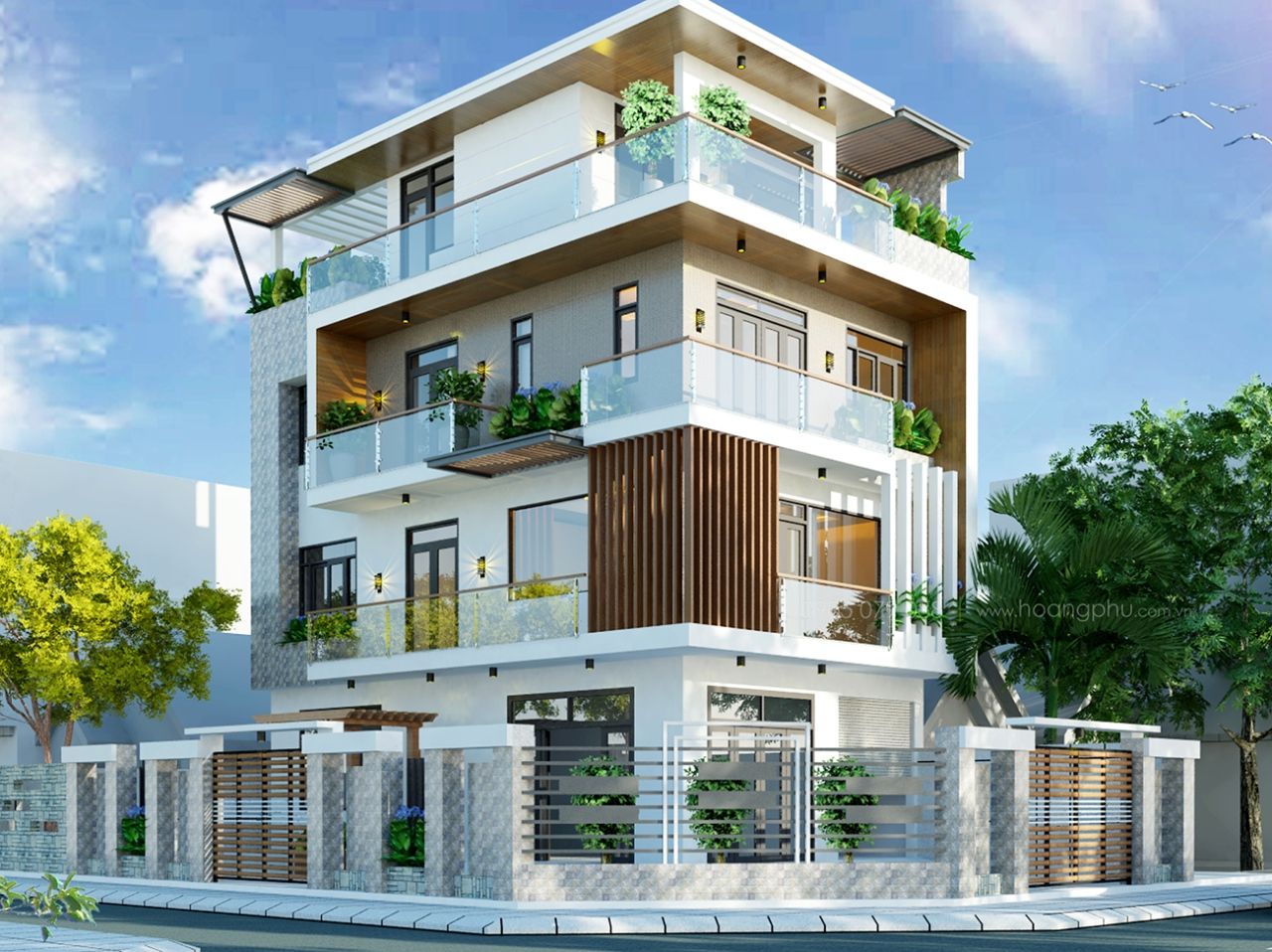 Không gian nhà 2 mặt tiền 3 với điểm nhấn kết hợp giữa gỗ và kính hài hòa