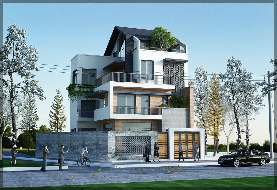Nhà 2 mặt tiền 3 tầng mái nhọn kết hợp cây xanh